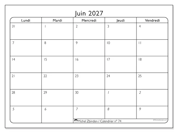 Calendrier juin 2027 à imprimer - Organisation du travail