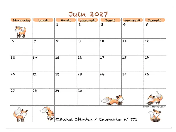 Calendrier juin 2027 à imprimer - Dessins de renards - Semaine : dimanche à samedi