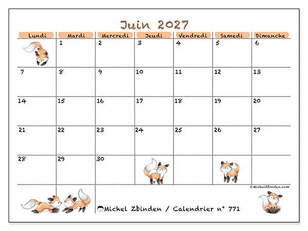 Calendrier juin 2027 à imprimer - Dessins de renards