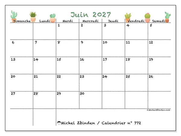 Calendrier juin 2027 à imprimer - Cactus décoratifs - Semaine : dimanche à samedi