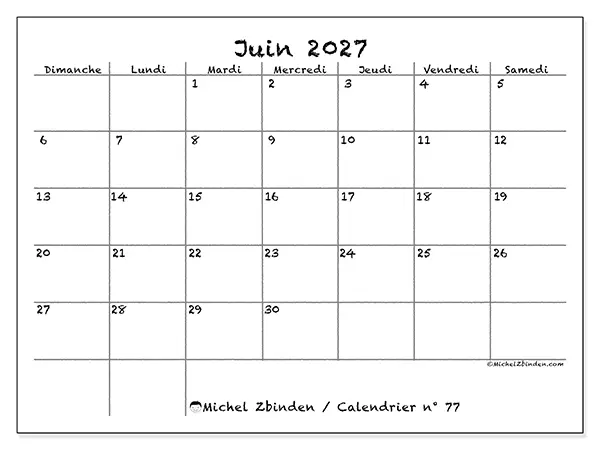 Calendrier juin 2027 à imprimer - École et famille - Semaine : dimanche à samedi
