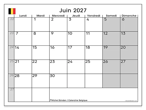 Calendrier juin 2027 à imprimer - Belgique