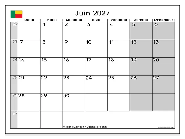 Calendrier juin 2027 à imprimer - Bénin