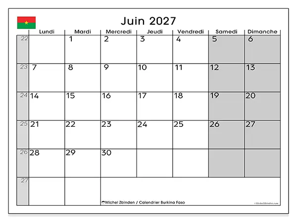 Calendrier juin 2027 à imprimer - Burkina Faso