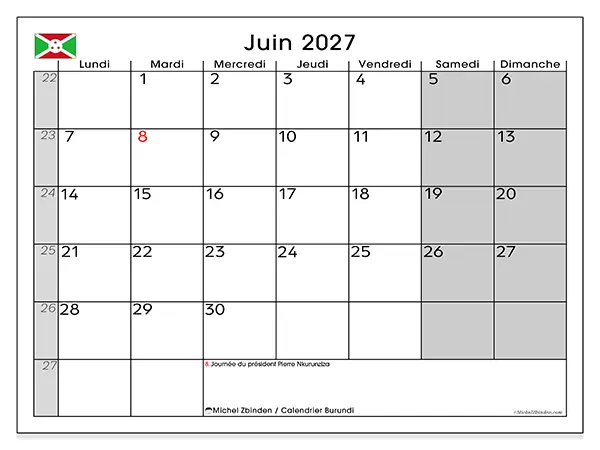 Calendrier juin 2027 à imprimer - Burundi