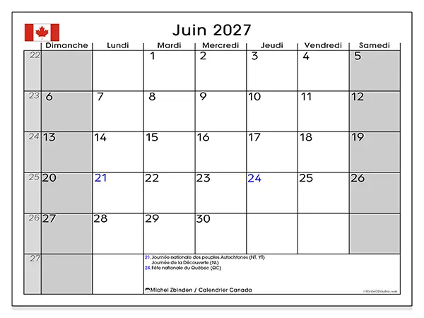 Calendrier juin 2027 à imprimer - Canada