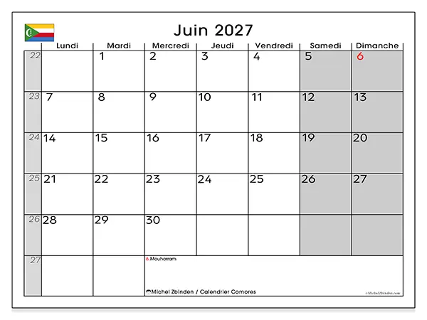 Calendrier juin 2027 à imprimer - Comores