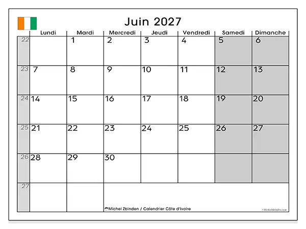 Calendrier juin 2027 à imprimer - Côte d’Ivoire