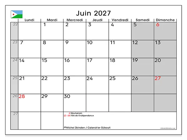 Calendrier juin 2027 à imprimer - Djibouti