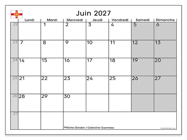 Calendrier juin 2027 à imprimer - Guernesey