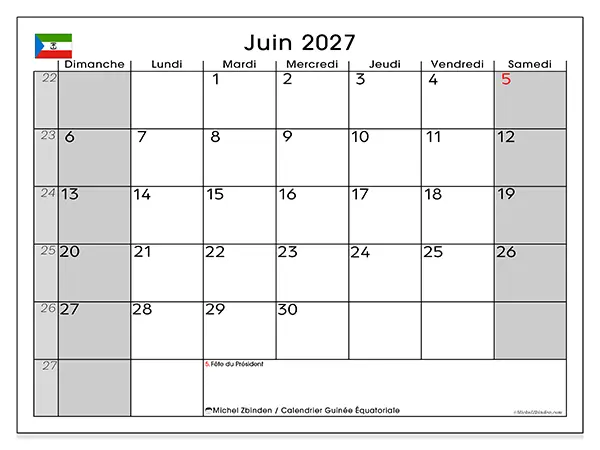 Calendrier juin 2027 à imprimer - Guinée équatoriale