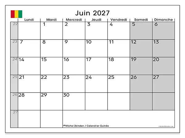 Calendrier juin 2027 à imprimer - Guinée