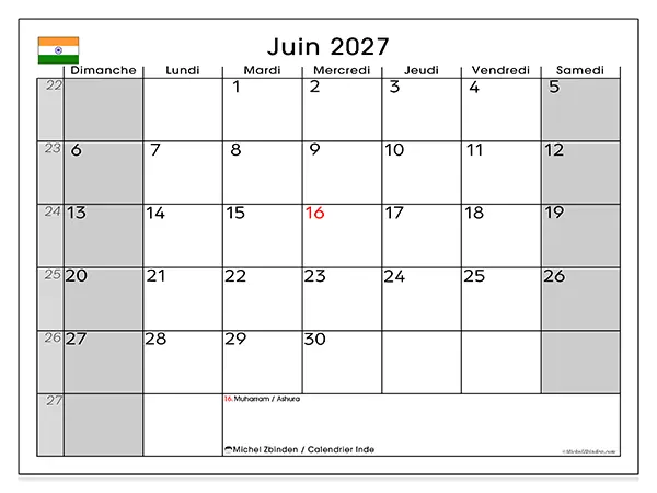 Calendrier juin 2027 à imprimer - Inde