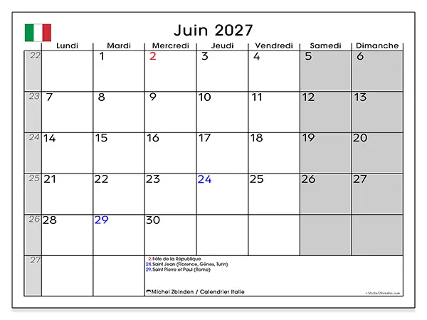 Calendrier juin 2027 à imprimer - Italie