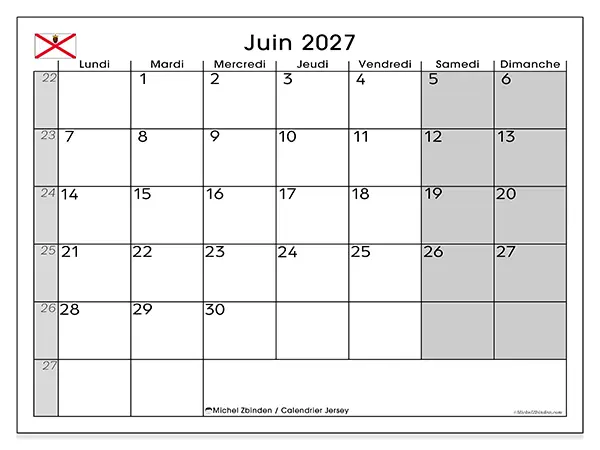 Calendrier juin 2027 à imprimer - Jersey
