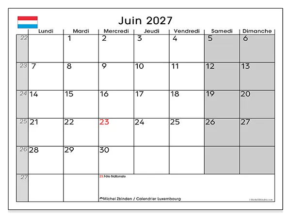 Calendrier juin 2027 à imprimer - Luxembourg