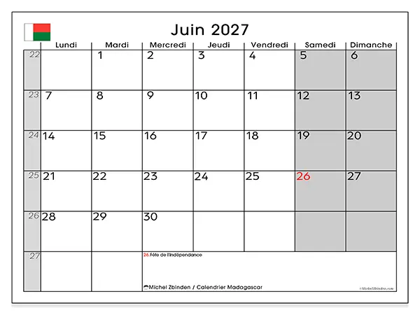 Calendrier juin 2027 à imprimer - Madagascar