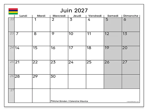 Calendrier juin 2027 à imprimer - Maurice