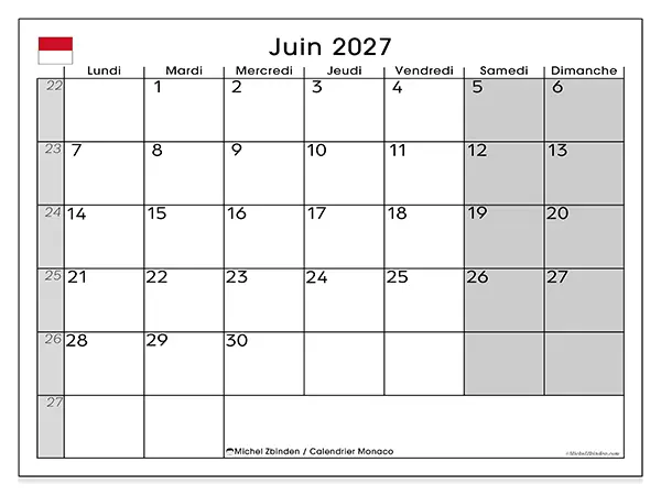 Calendrier juin 2027 à imprimer - Monaco