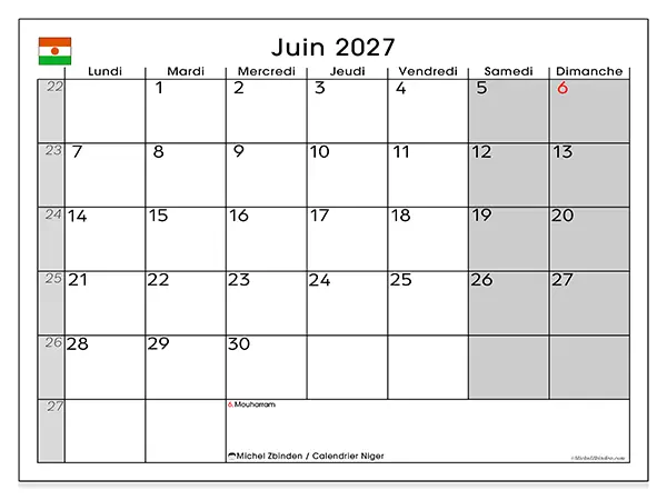 Calendrier juin 2027 à imprimer - Niger