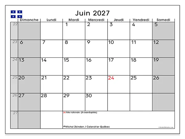Calendrier juin 2027 à imprimer - Québec