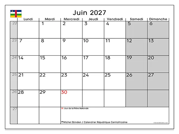 Calendrier juin 2027 à imprimer - République centrafricaine