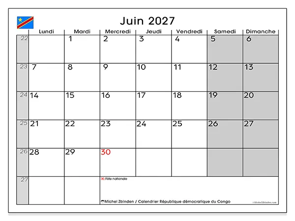 Calendrier juin 2027 à imprimer - République démocratique du Congo