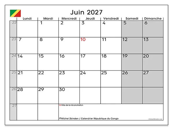 Calendrier juin 2027 à imprimer - République du Congo
