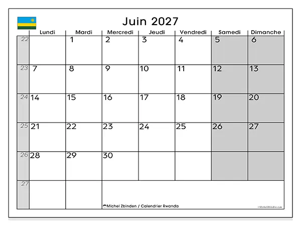 Calendrier juin 2027 à imprimer - Rwanda