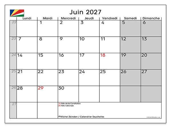 Calendrier juin 2027 à imprimer - Seychelles