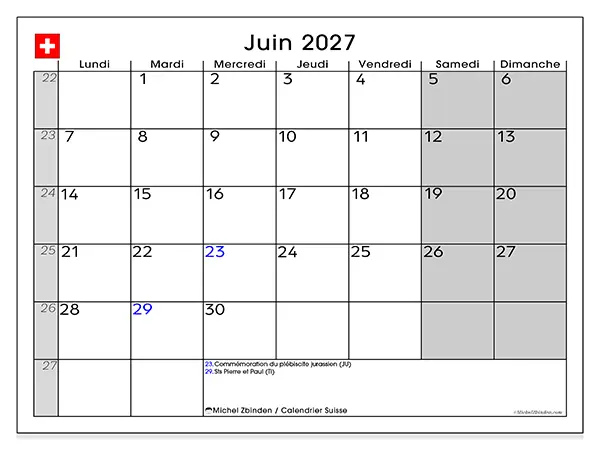 Calendrier juin 2027 à imprimer - Suisse