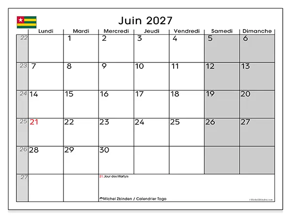 Calendrier juin 2027 à imprimer - Togo