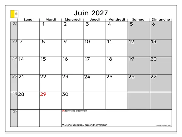 Calendrier juin 2027 à imprimer - Vatican