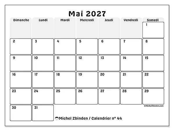 Calendrier mai 2027 à imprimer - Planning structuré - Semaine : dimanche à samedi