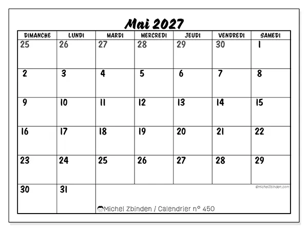 Calendrier mai 2027 à imprimer - Organisation détaillée - Semaine : dimanche à samedi