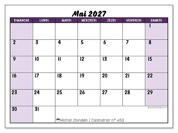 Calendrier mai 2027 à imprimer - Efficacité colorée - Semaine : dimanche à samedi