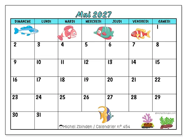 Calendrier mai 2027 à imprimer - Poissons colorés - Semaine : dimanche à samedi