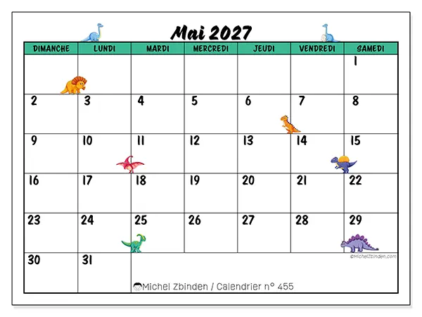 Calendrier mai 2027 à imprimer - Petits dinosaures - Semaine : dimanche à samedi