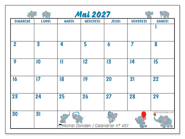 Calendrier mai 2027 à imprimer - Petits éléphants - Semaine : dimanche à samedi
