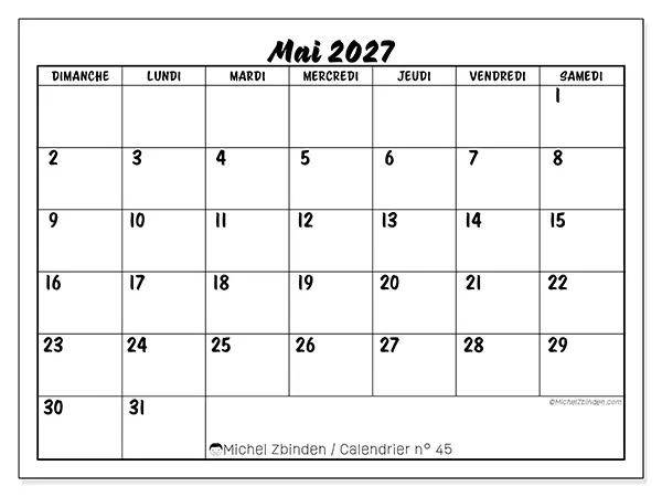 Calendrier mai 2027 à imprimer - Réussite scolaire - Semaine : dimanche à samedi