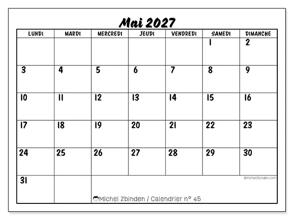 Calendrier mai 2027 à imprimer - Réussite scolaire