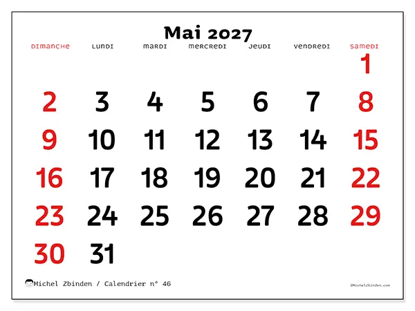 Calendrier mai 2027 à imprimer - Vision claire - Semaine : dimanche à samedi