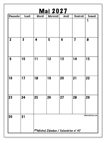 Calendrier mai 2027 à imprimer - Planning efficace - Semaine : dimanche à samedi