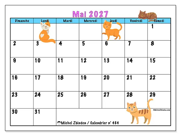 Calendrier mai 2027 à imprimer - Amour des chats - Semaine : dimanche à samedi