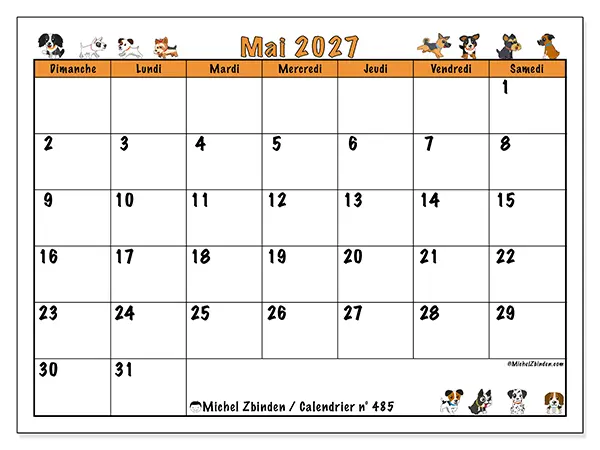 Calendrier mai 2027 à imprimer - Chiens enthousiastes - Semaine : dimanche à samedi