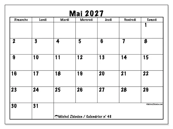 Calendrier mai 2027 à imprimer - Efficacité quotidienne - Semaine : dimanche à samedi