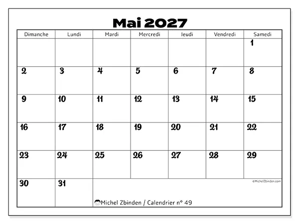 Calendrier mai 2027 à imprimer - Coordination productive - Semaine : dimanche à samedi