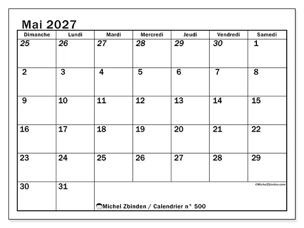 Calendrier mai 2027 à imprimer - Planning intensif - Semaine : dimanche à samedi