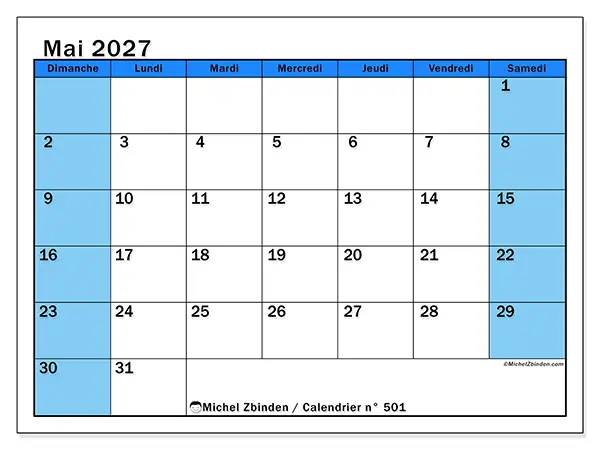 Calendrier mai 2027 à imprimer - Études dynamiques - Semaine : dimanche à samedi