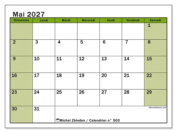 Calendrier mai 2027 à imprimer - Organisation vivante - Semaine : dimanche à samedi